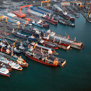 Aerial view of a port with ships.