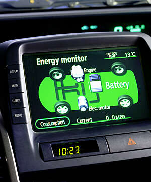 Energy monitor dashboard screen showing the green image of an electric car chassis.
